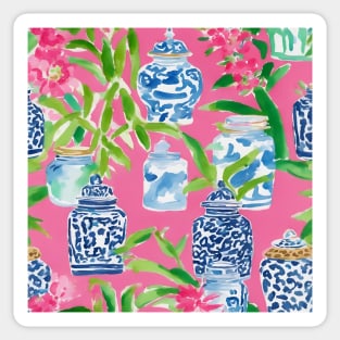 Orchids and chinoiserie jars on pink Sticker